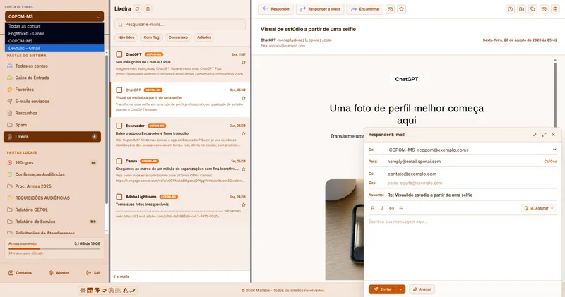 Interface do cliente de e-mail MailBox com lista de mensagens e composer